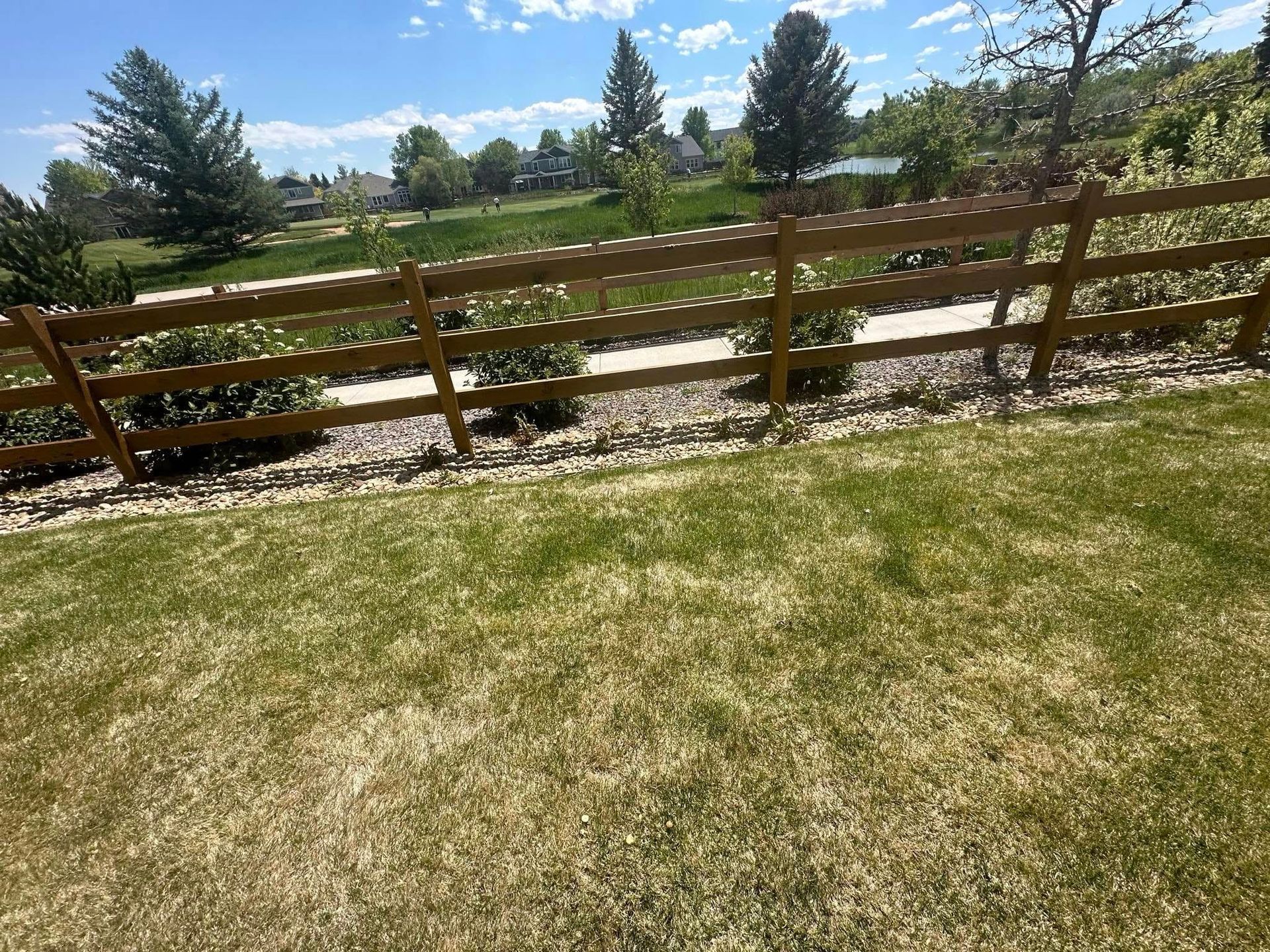 A wooden fence surrounds a lush green lawn.