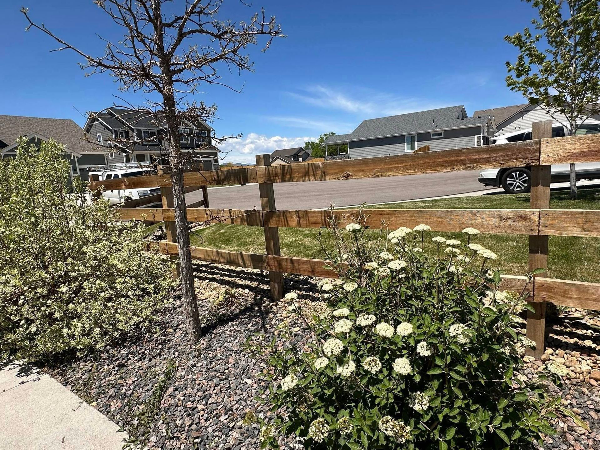 A wooden fence surrounds a lush green yard with flowers and trees.