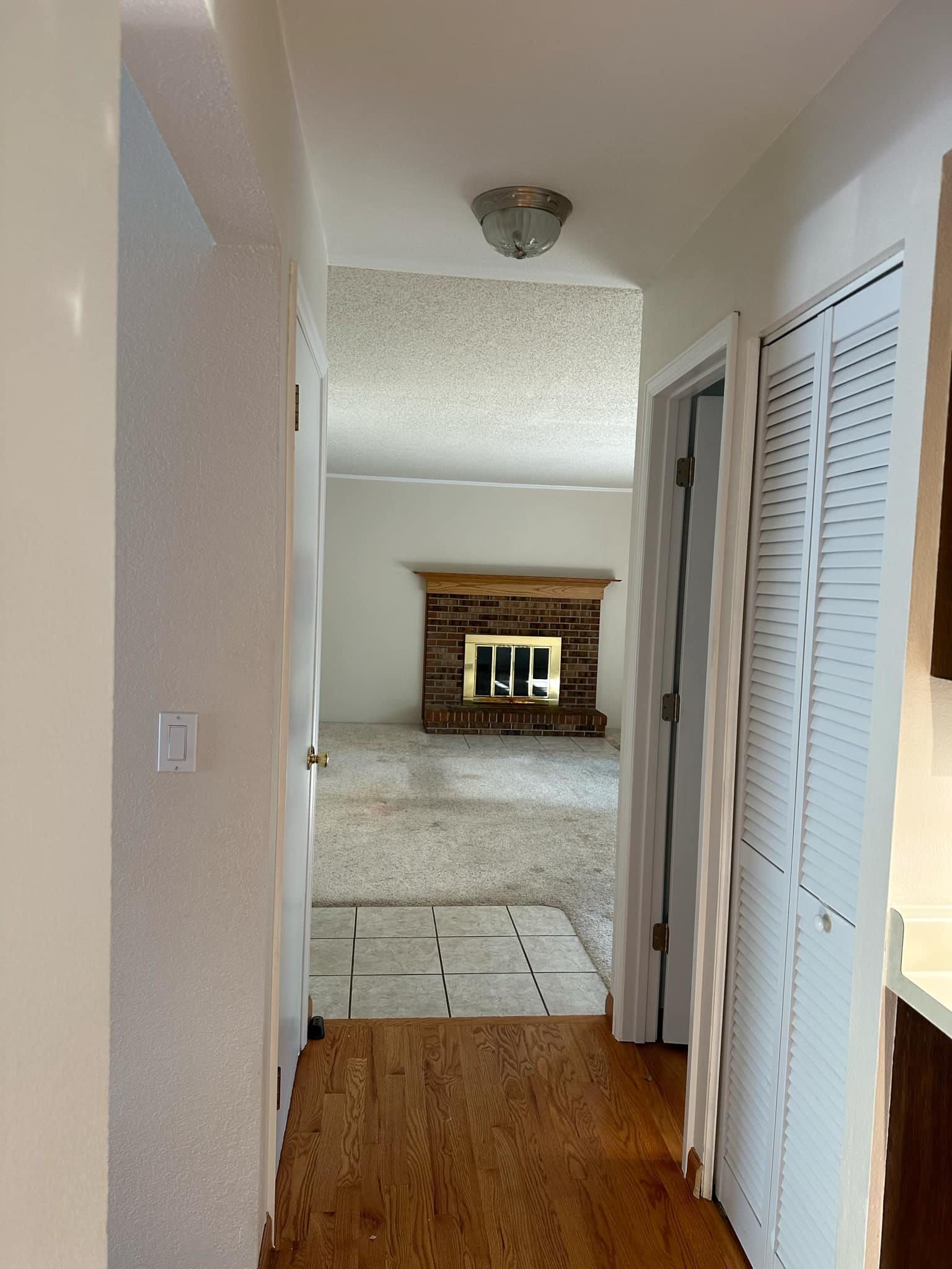 A hallway leading to a living room with a fireplace
