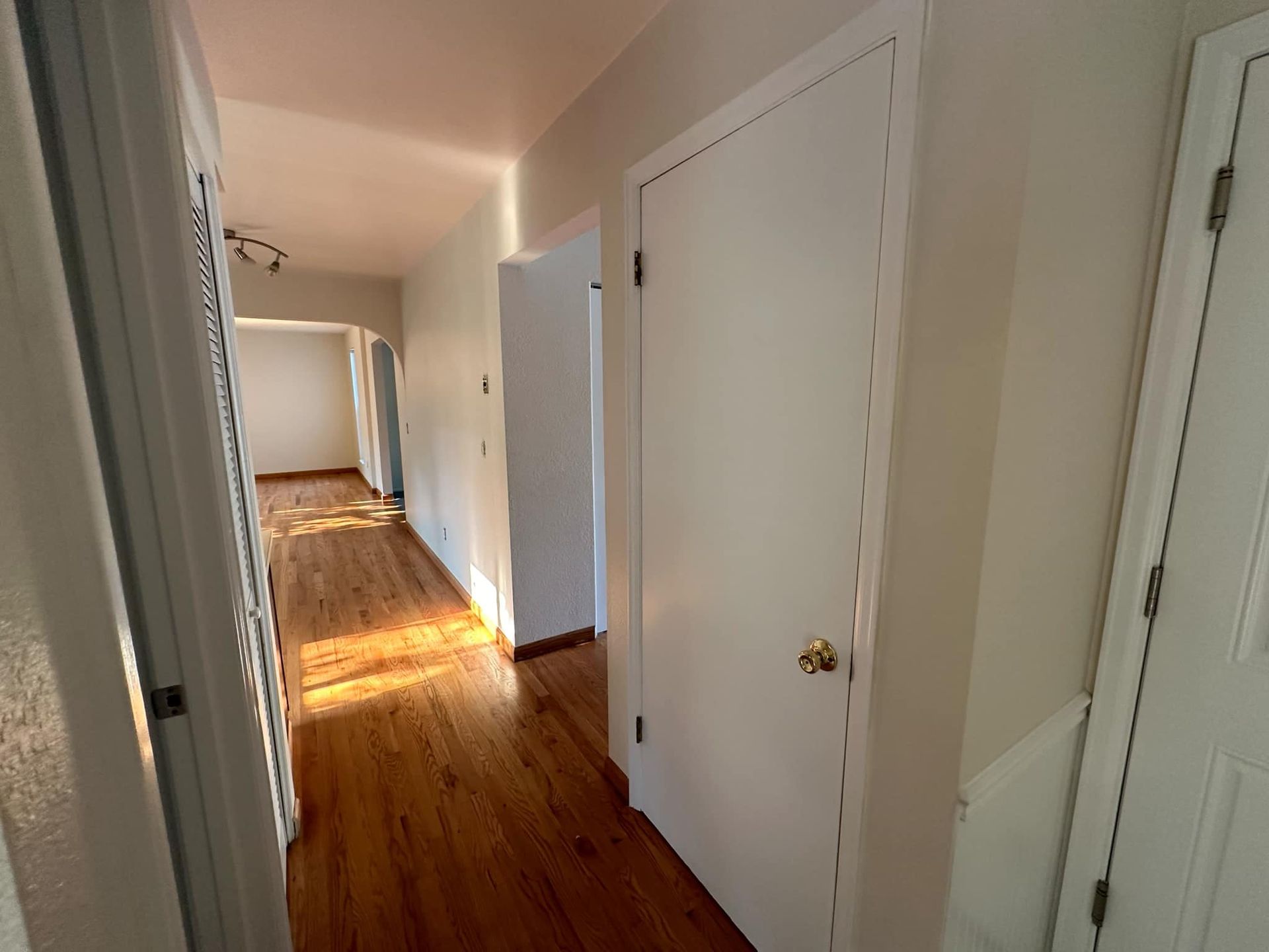 A hallway with hardwood floors and white doors in a house.