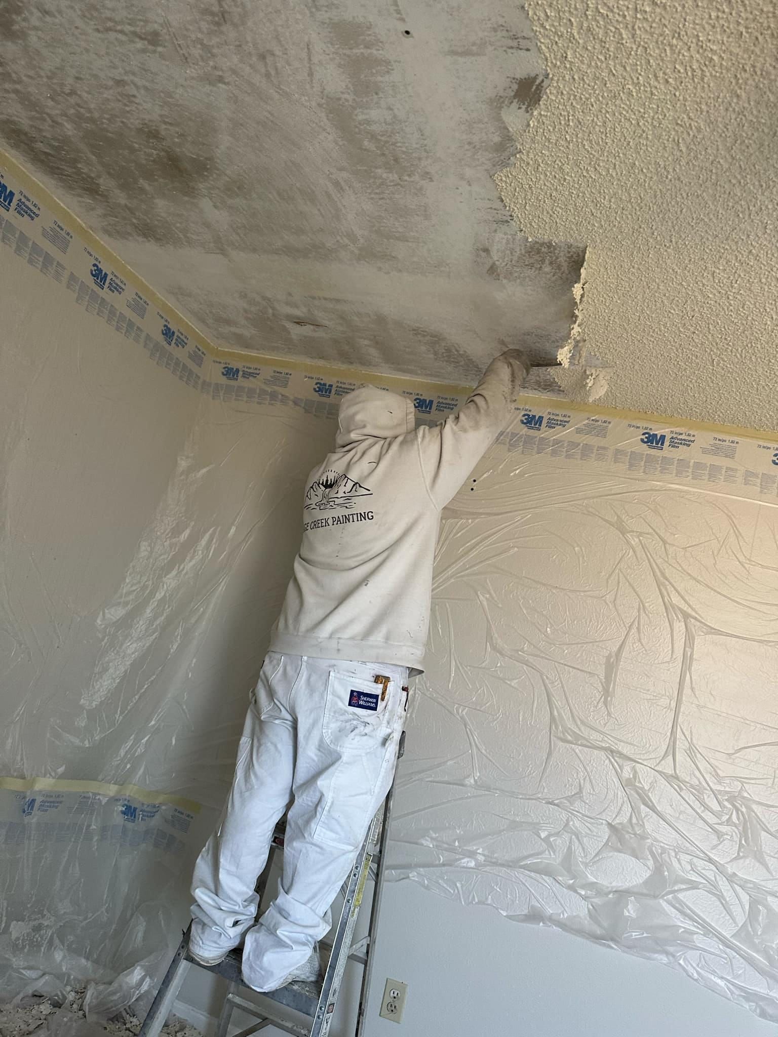 A man is standing on a ladder in a room.