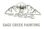 The logo for sage creek painting shows a waterfall and mountains