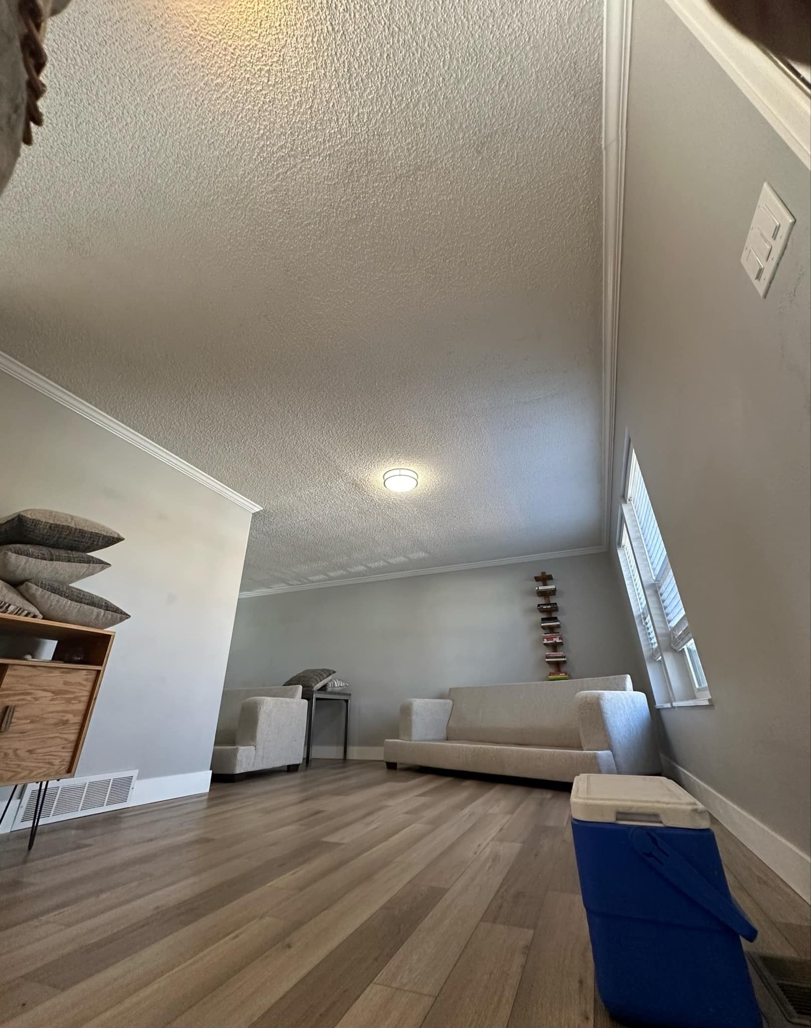 A living room with a couch , chairs , and a blue cooler.