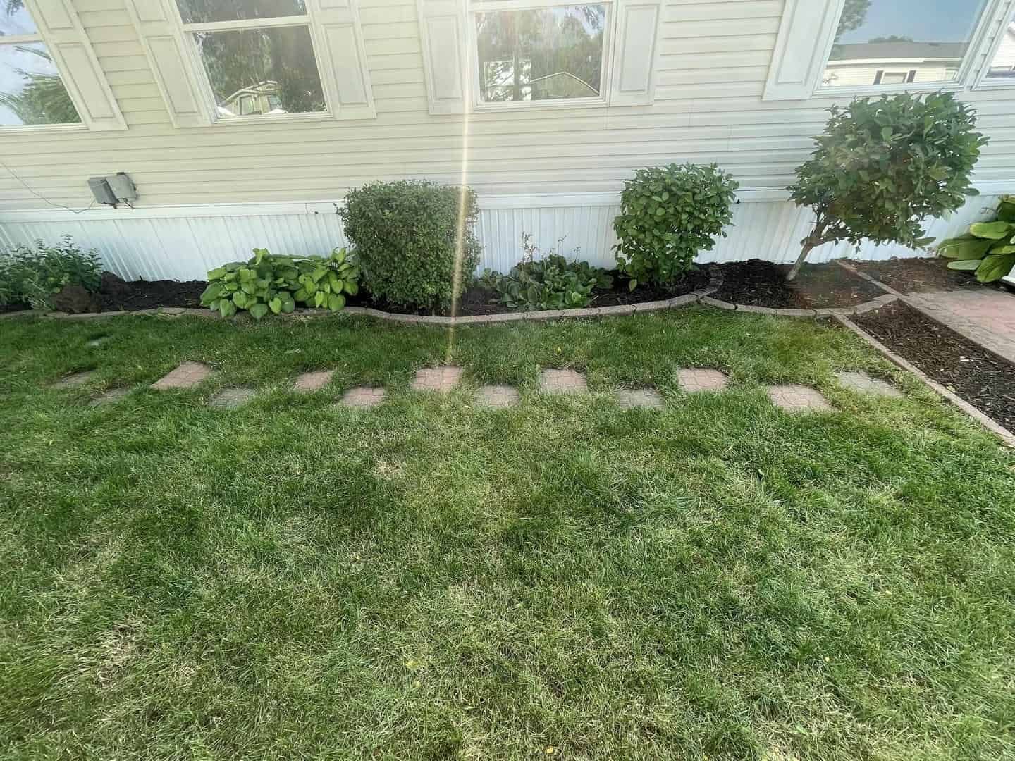 Lawn with stepping stones, flower bed, and a white house with bushes.