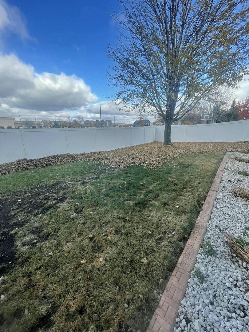 Backyard with a tree, lawn, and white fence under a blue sky with clouds. Leaves are scattered on the grass.