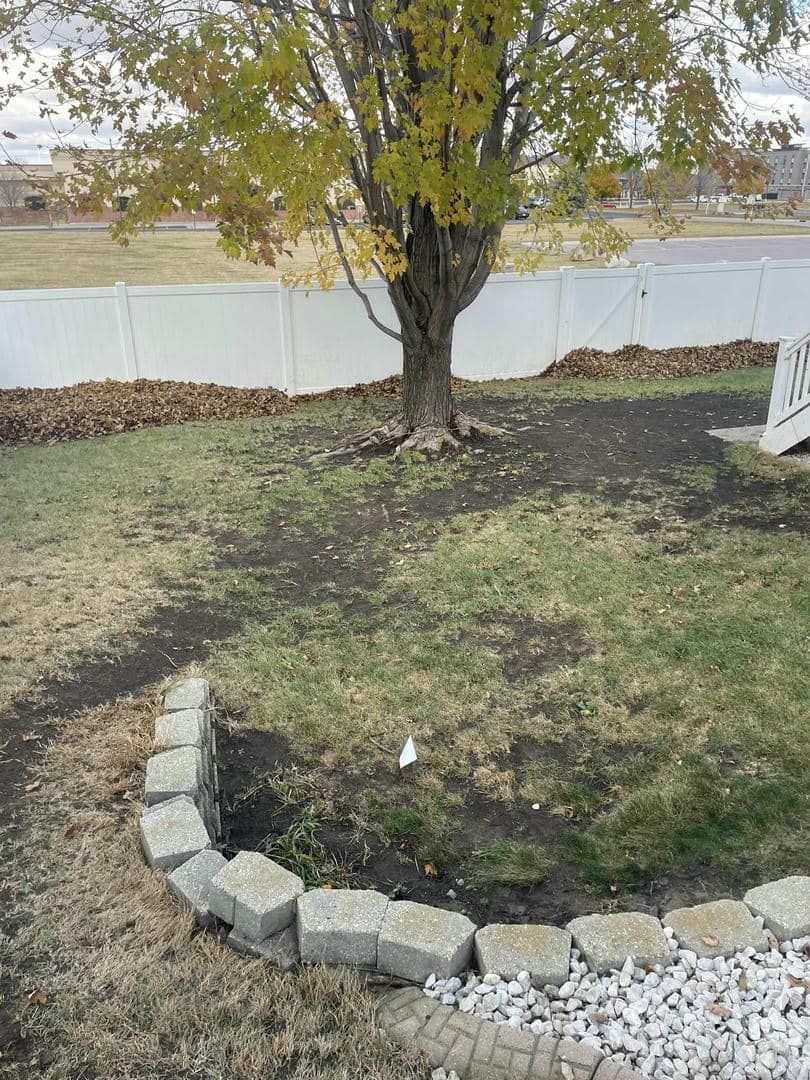 Backyard with tree, stone border, and white fence. Autumn leaves on the ground.