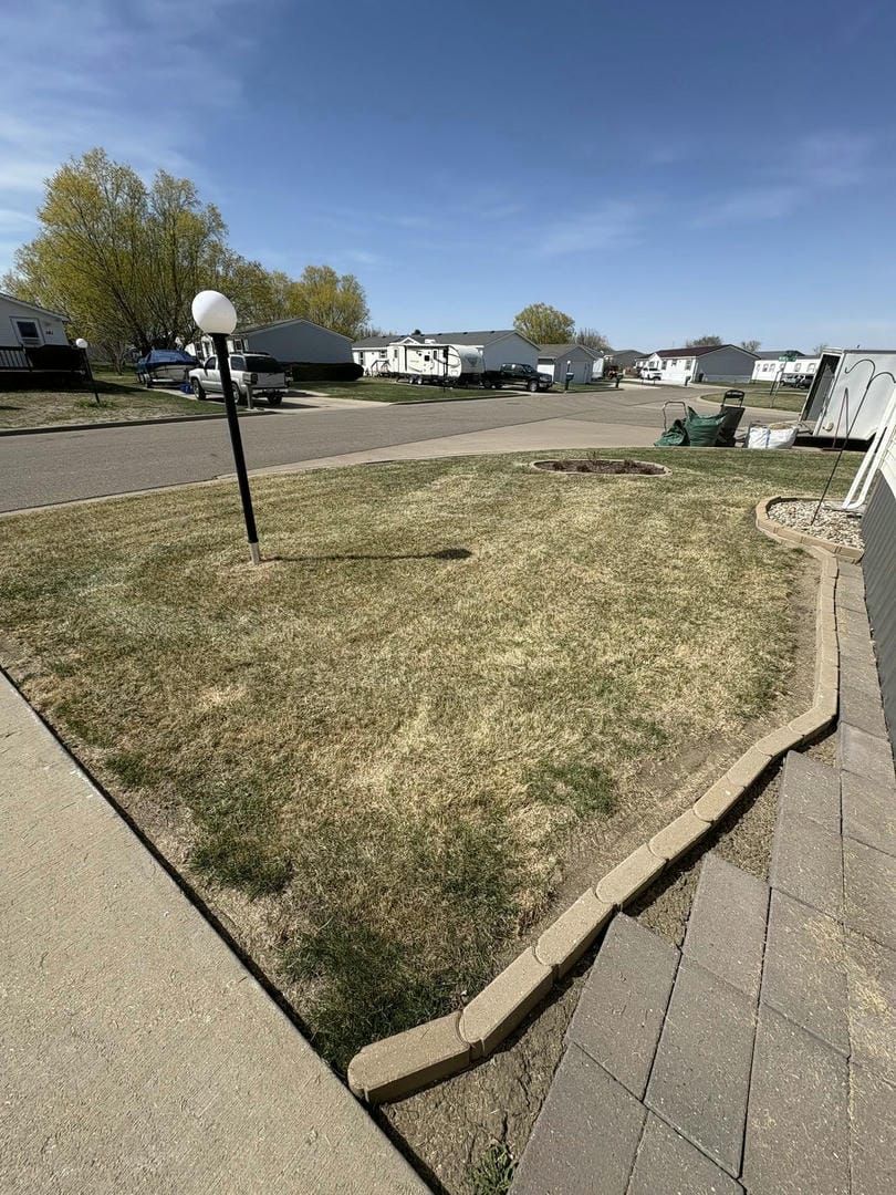 A patchy lawn with a concrete border, street, and mobile homes on a sunny day.