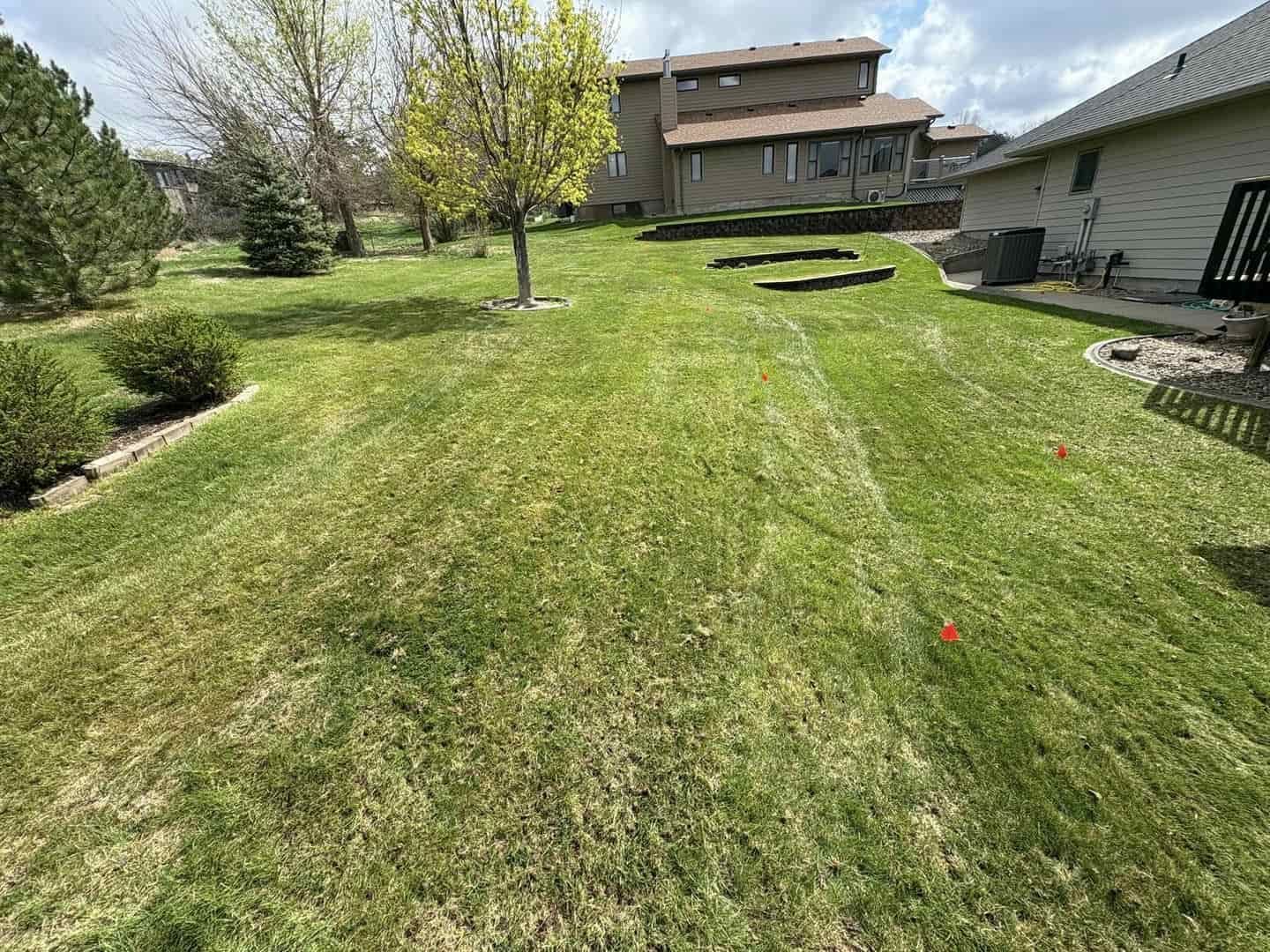 Green, sloped backyard with mowed grass, trees, and houses in the background under a cloudy sky.