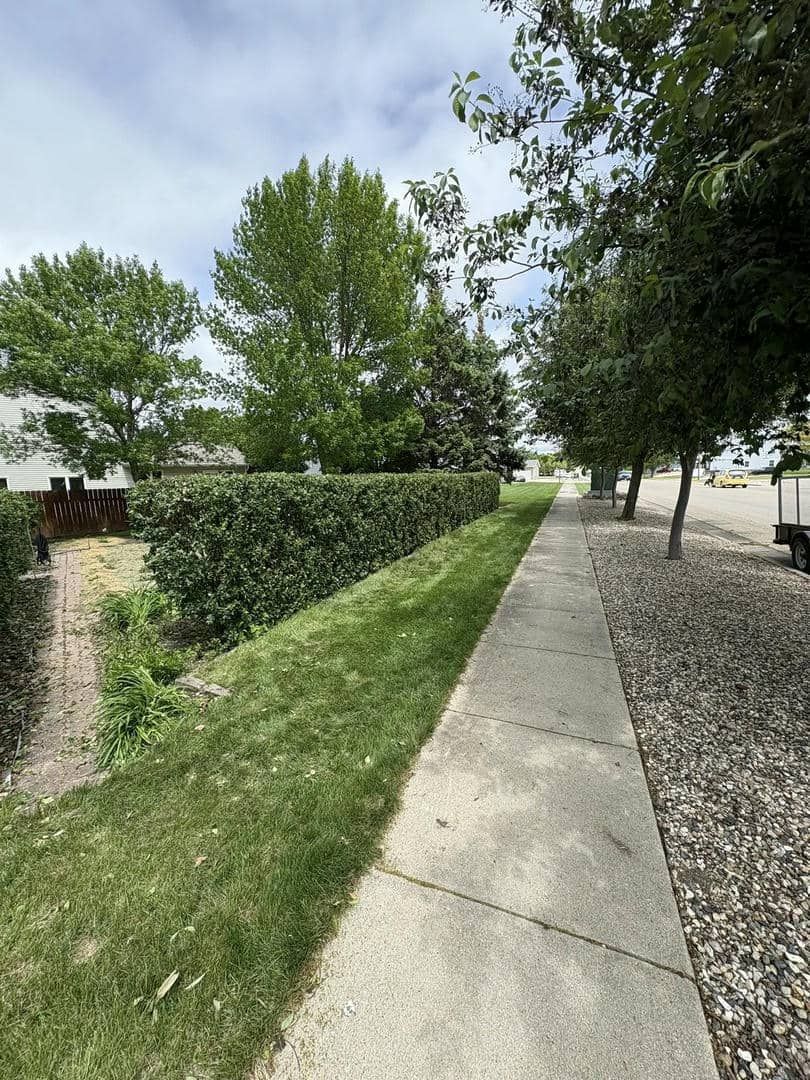 Sidewalk next to a green lawn and hedge, with trees in the background under a cloudy sky.