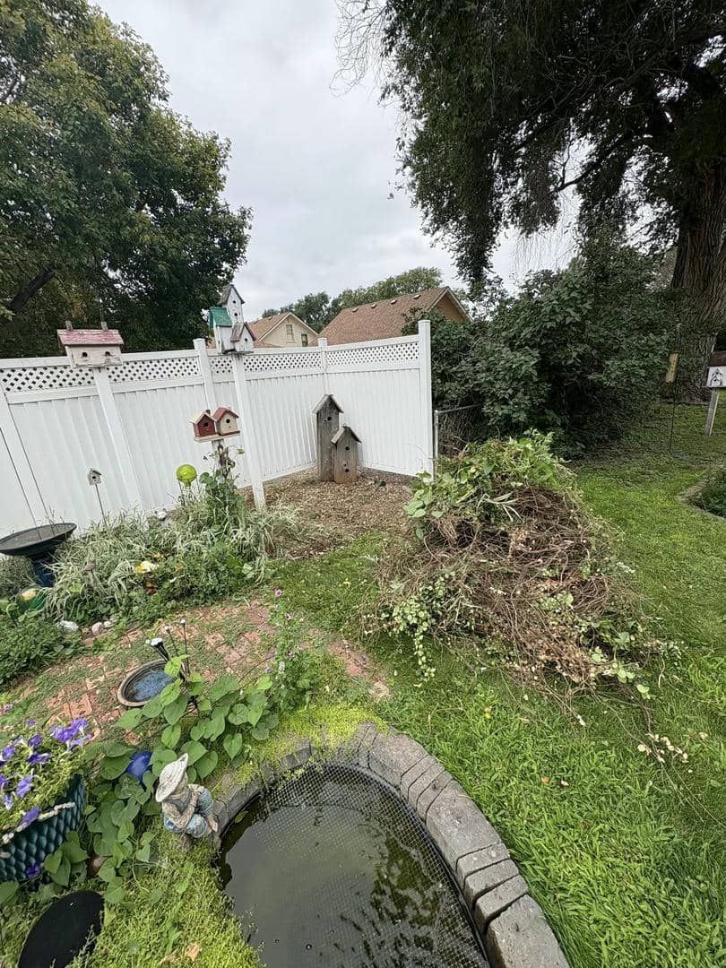 Backyard with a white fence, a small pond, and overgrown greenery under a cloudy sky.