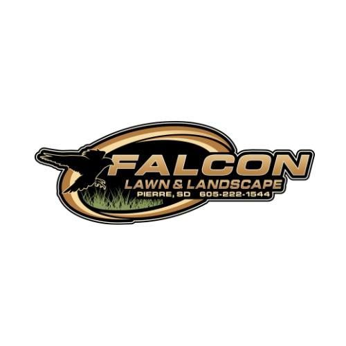 Falcon Lawn & Landscape logo: black falcon, brown text, and phone number on white background.