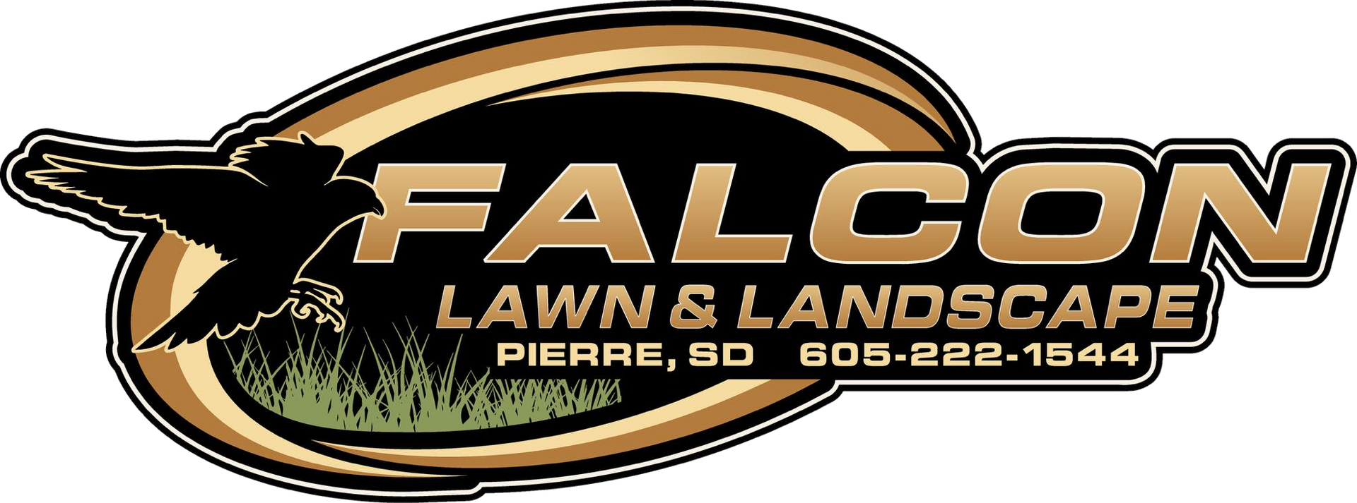 Logo for Falcon Lawn & Landscape, Pierre, SD. Features a falcon silhouette, black text on a gold oval.