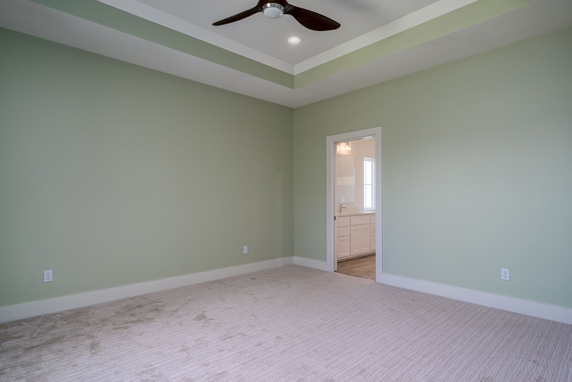 An empty bedroom with green walls and a ceiling fan.