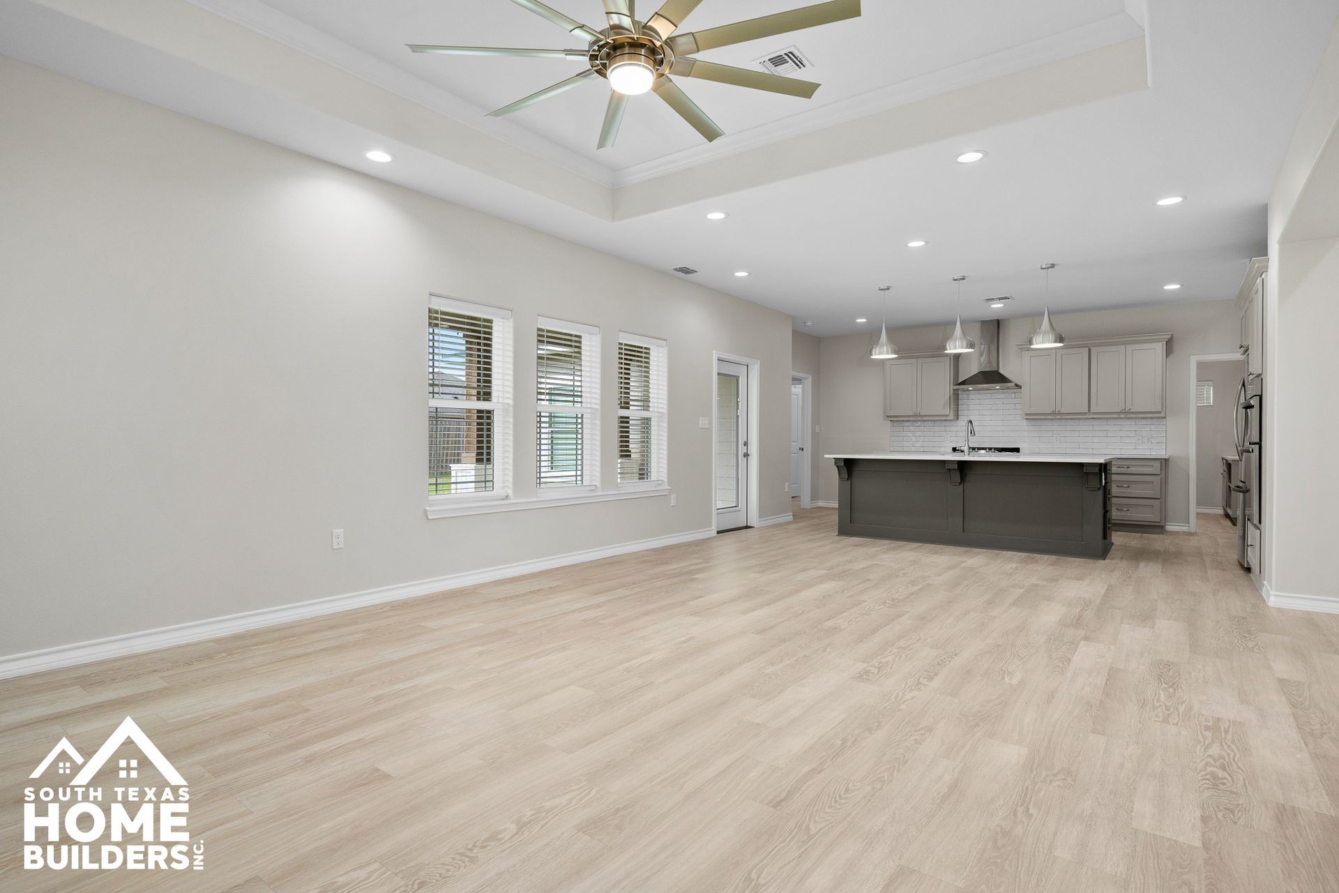 Open-concept living space with kitchen. Light wood flooring, white walls, gray cabinets, recessed lighting, and ceiling fan.