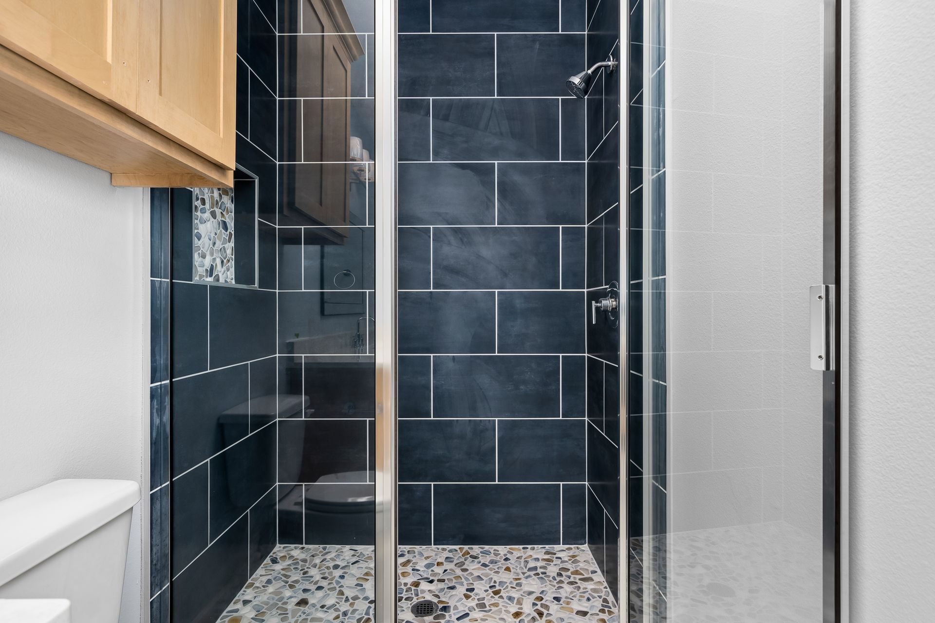 A bathroom with a walk in shower and a toilet.