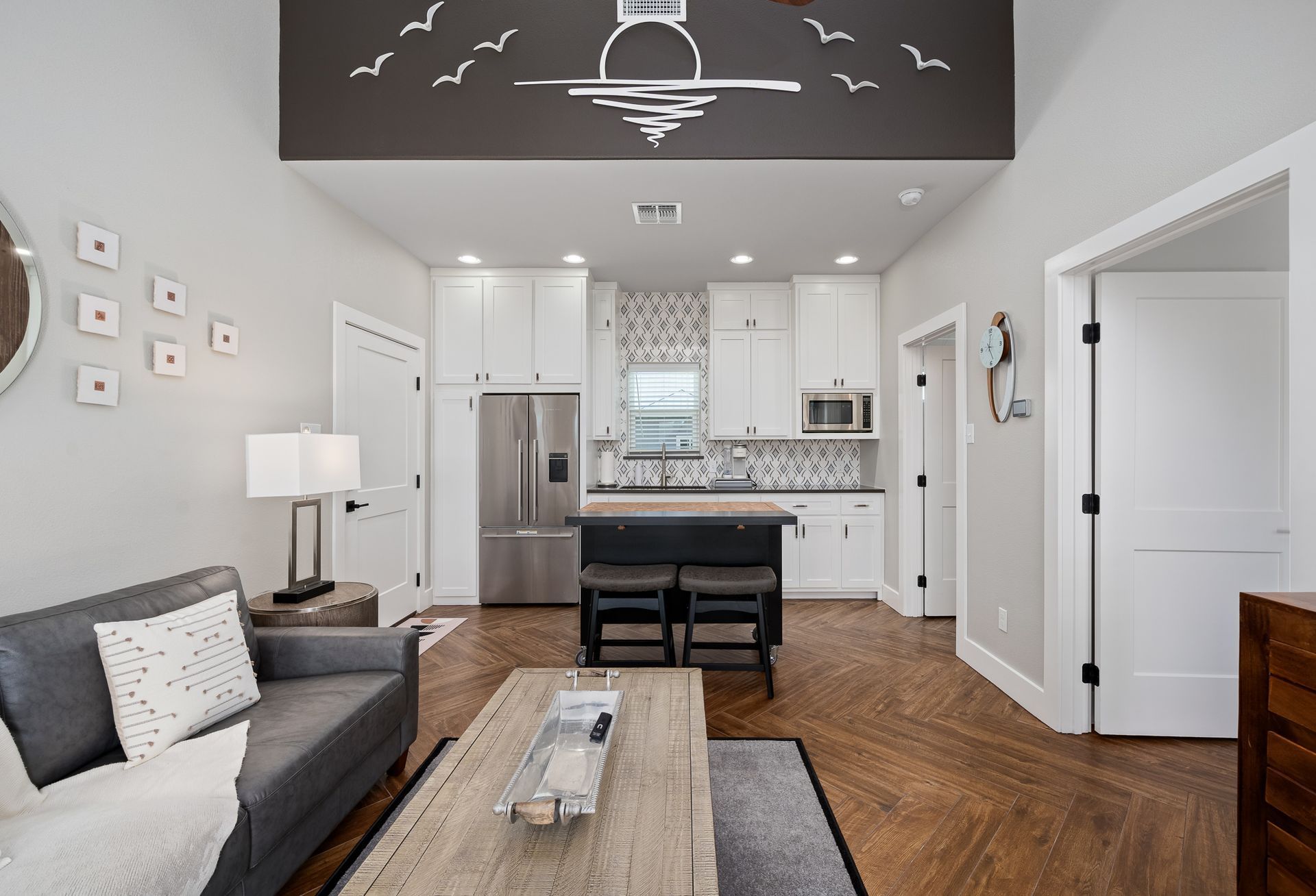 A living room with a couch and a coffee table