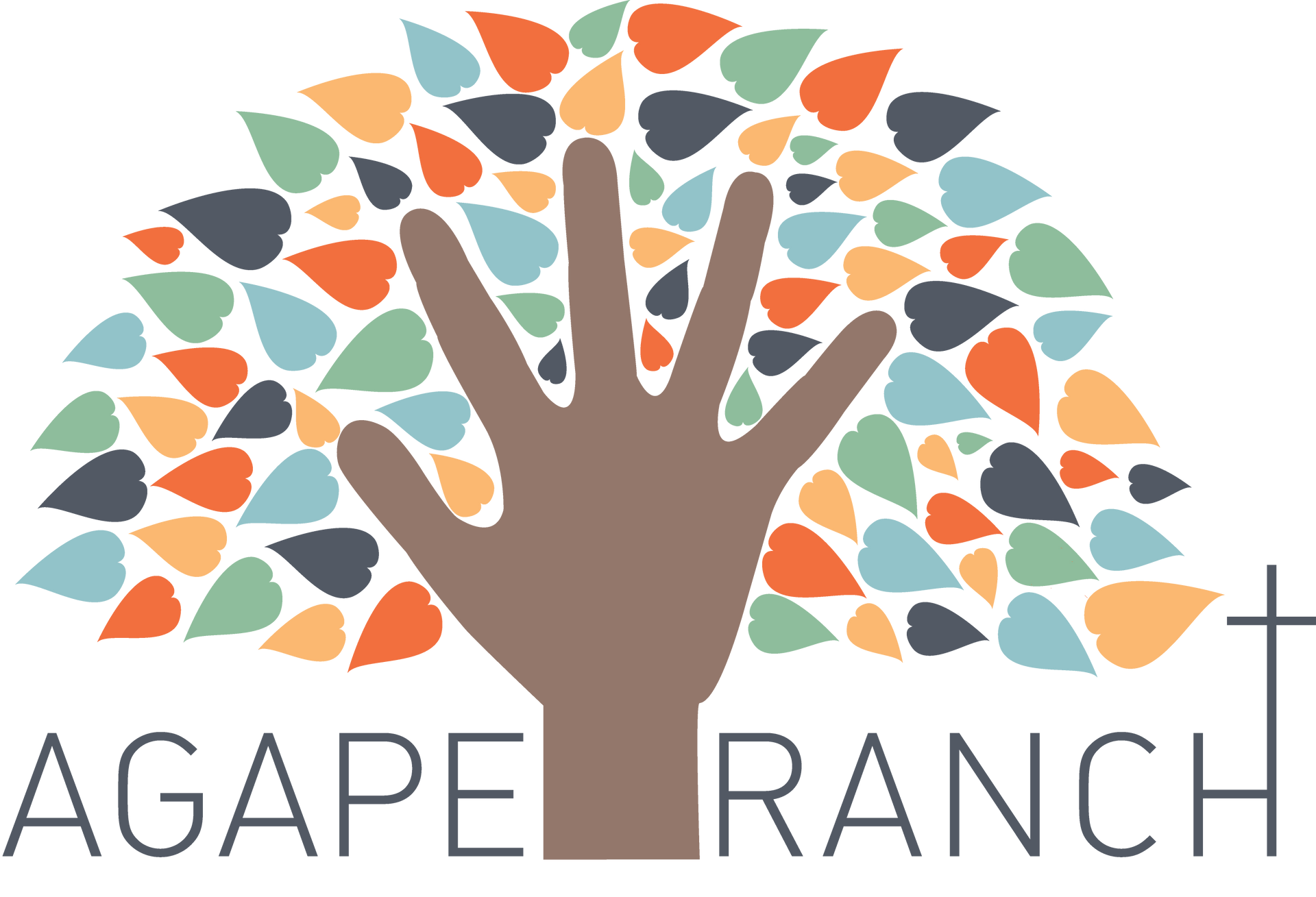 A hand-shaped tree with colorful leaves; the logo for Agape Ranch, with a small cross.