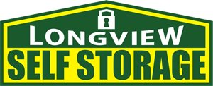 Logo for Longview Self Storage, featuring a green and yellow shield with a padlock icon.