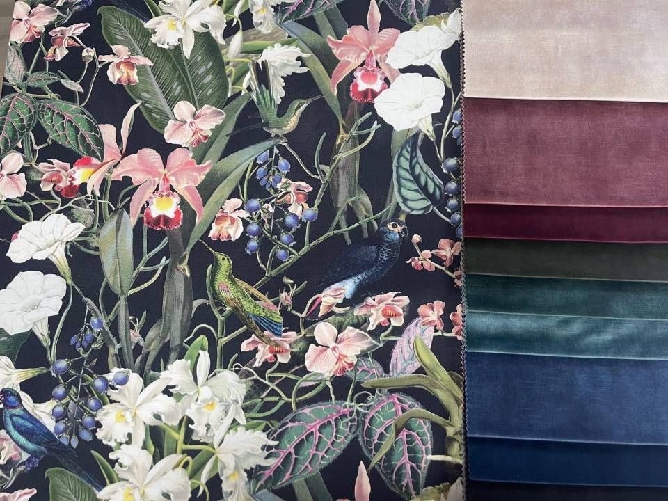 A Close Up of a Fabric With Flowers and Birds on It — Artizen Curtains in Mooloolaba, QLD