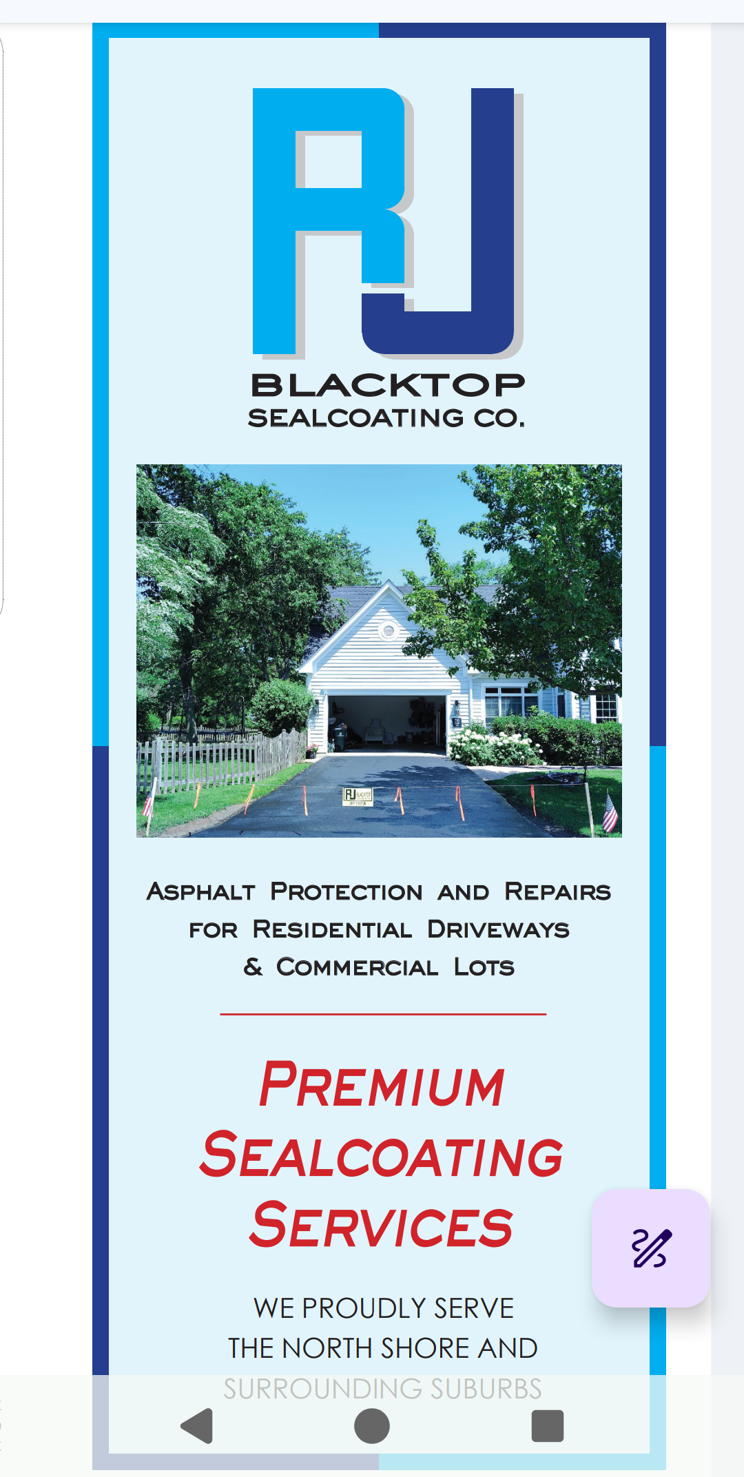 Advertisement for RJ Blacktop Sealcoating services. Shows driveway, house, blue and black logo, and contact info.