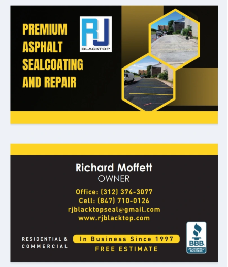 Business card for RJ Blacktop: premium asphalt sealcoating and repair. Black/yellow design, owner Richard Moffett.