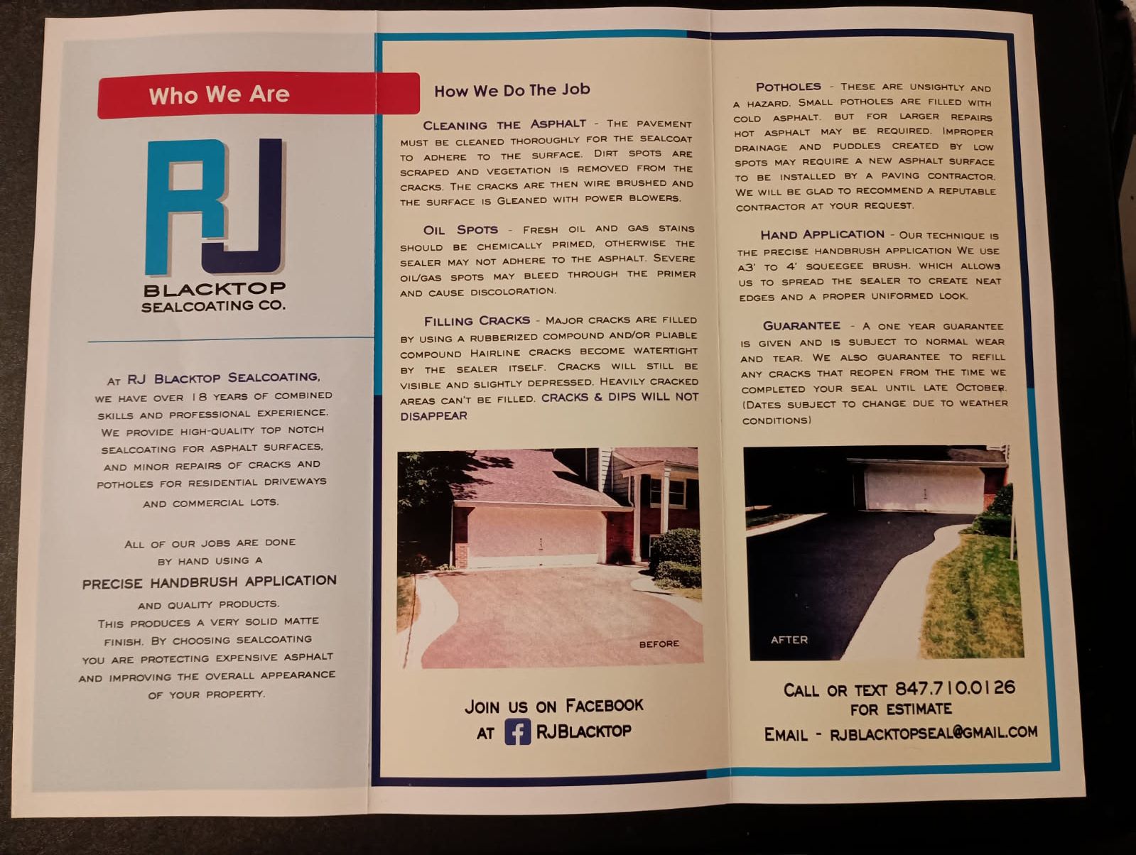Brochure for RJ Blacktop Service with text, logo, and photos of asphalt paving work.