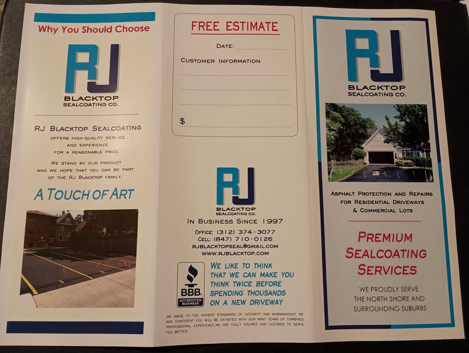 Brochure for RJ Blacktop, featuring logo, services (sealcoating), and a free estimate form.