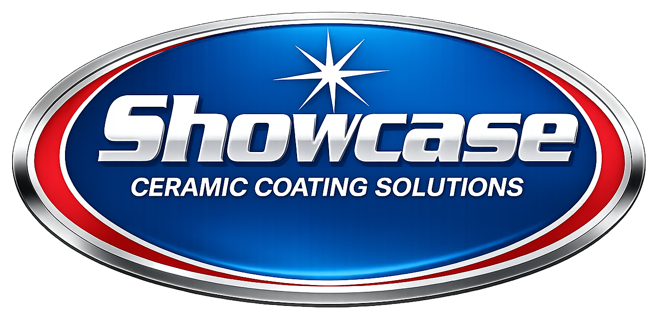 The logo for "Showcase Ceramic Coating Solutions" features bold text and a star icon centered on a blue oval with red trim.