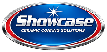 The logo for "Showcase Ceramic Coating Solutions" features bold text and a star icon centered on a blue oval with red trim.