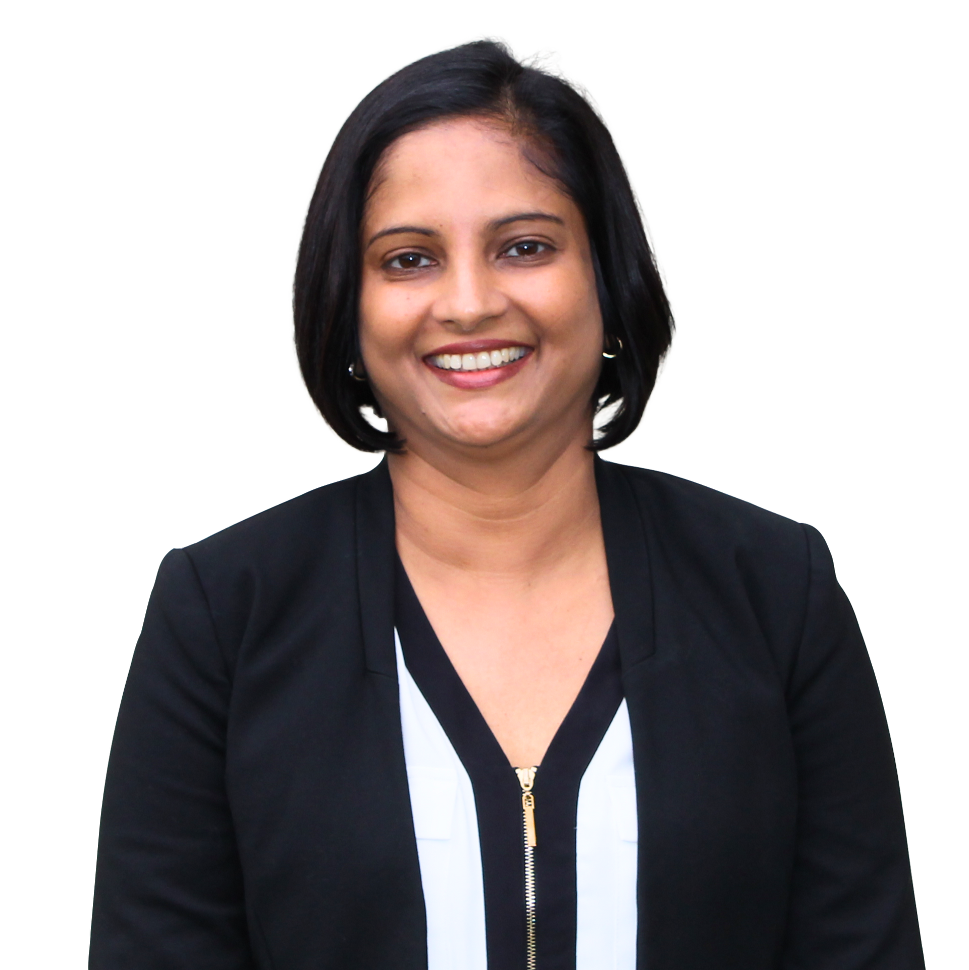 A woman wearing a blue and red robe looks at the camera