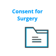 A blue folder with the words consent for surgery written on it.