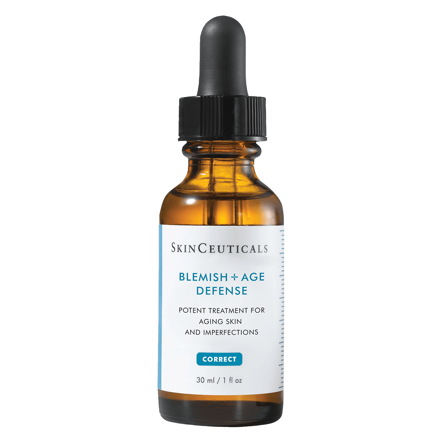 A bottle of skinceuticals blemish + age defense serum with a dropper.