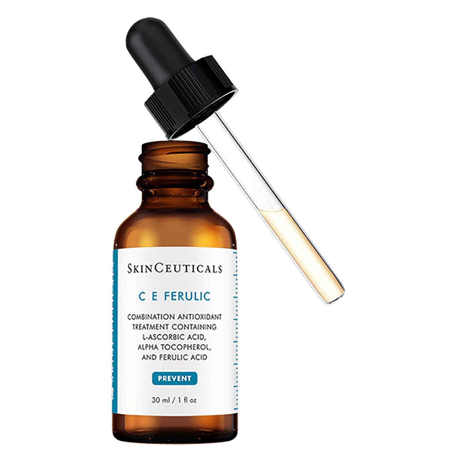 A bottle of skinceuticals ce ferulic serum with a dropper.