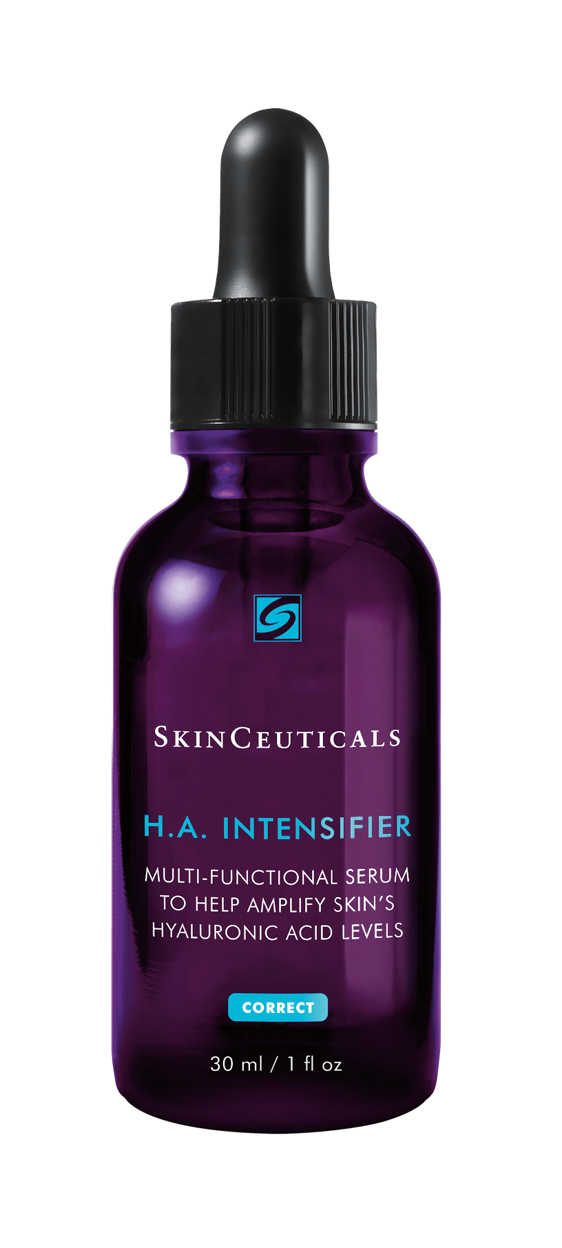 A bottle of skinceuticals ha intensifier serum with a dropper on a white background.