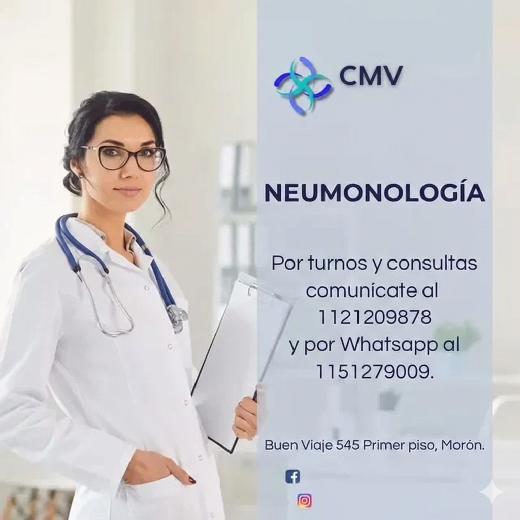 Un médico con bata blanca sostiene un portapapeles, anunciando servicios de neumología en Morón.