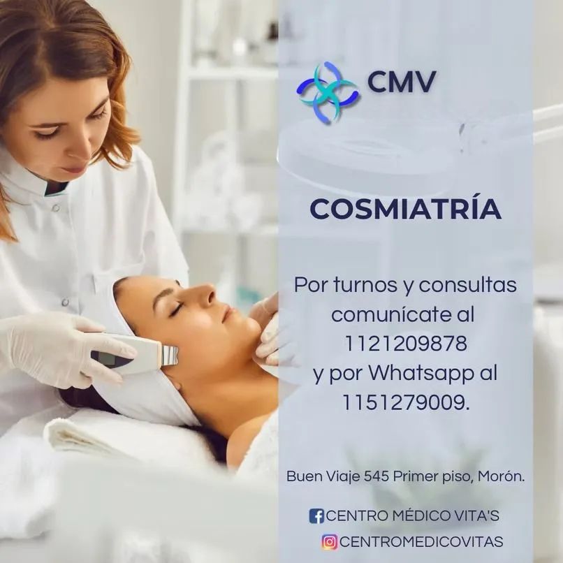 Cosmetóloga realizando tratamiento facial en Centro Médico Vita's, Morón, con información de contacto.