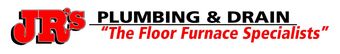 The logo for jr 's plumbing and drain is blue and white.