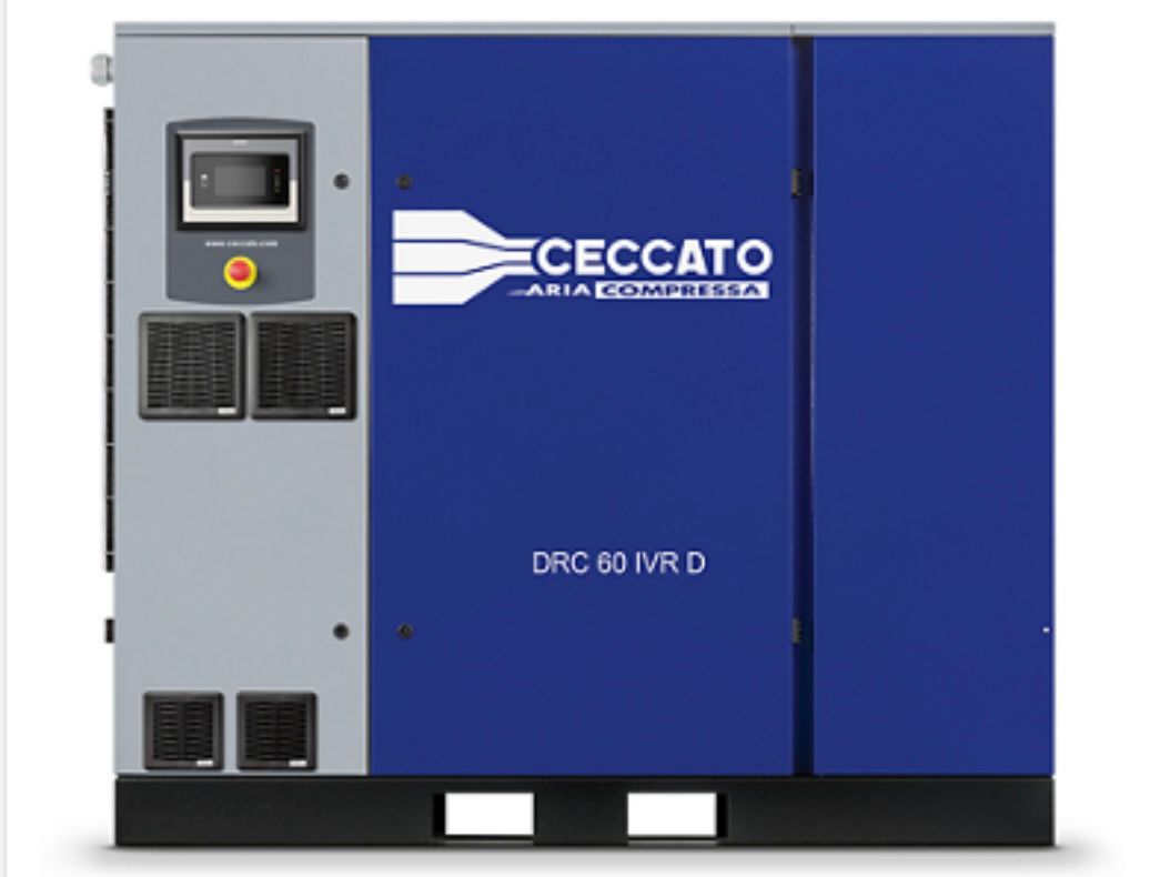 Unità compressore d'aria industriale Ceccato DRC 60 IVR D di colore blu e grigio, con schermo di controllo digitale sul pannello frontale.