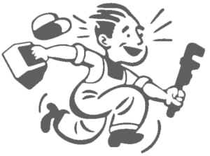 Illustrazione stilizzata di una persona in tuta da lavoro che corre portando con sé una cassetta degli attrezzi e una chiave inglese.