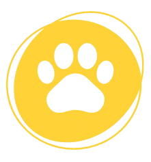 A yellow circle with a white paw print inside of it.