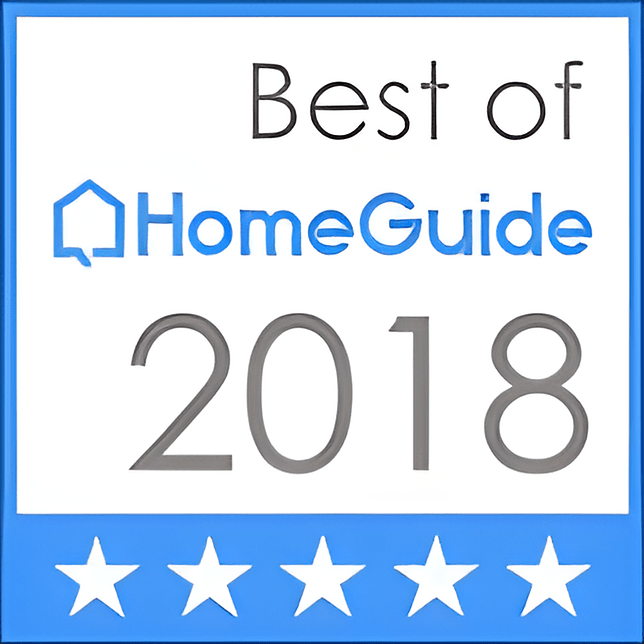 A badge that says best of homeguide 2018 with five stars.