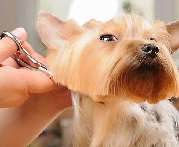 A person is cutting a dog 's hair with scissors.