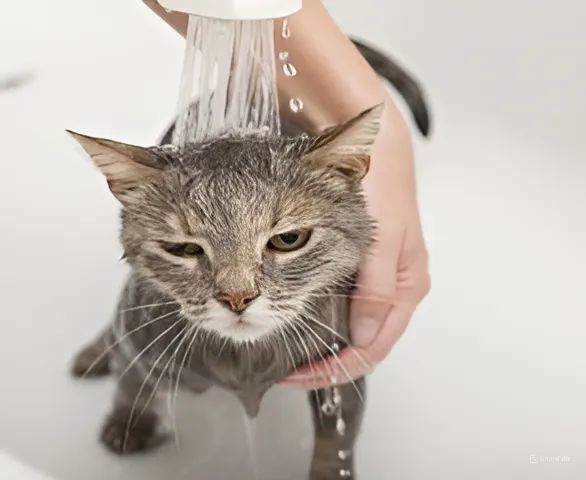 A person is washing a cat with a shower head