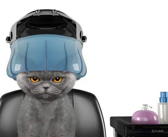 A cat wearing a welding helmet is sitting in a chair