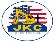 Logo of JKC Construction with American flag, excavator, and cross.