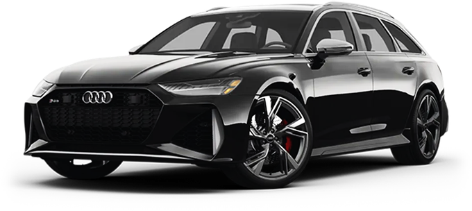 Black Audi hatchback on a white background, angled front view.