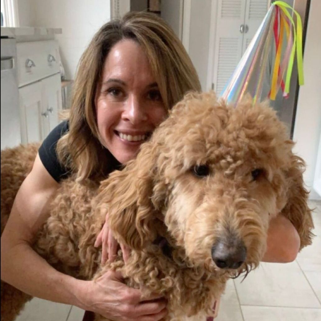 A woman wearing a birthday hat is hugging a brown dog