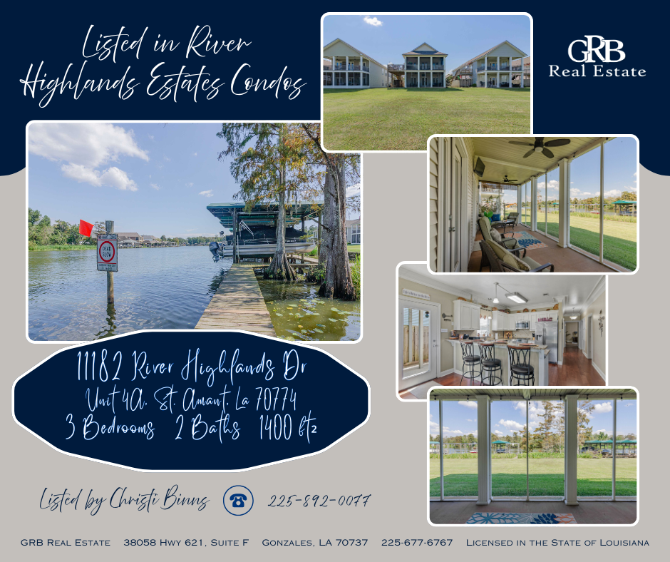 Real estate flyer: condo listed in River Highlands Estates. Photos of exterior, interior, and waterfront.