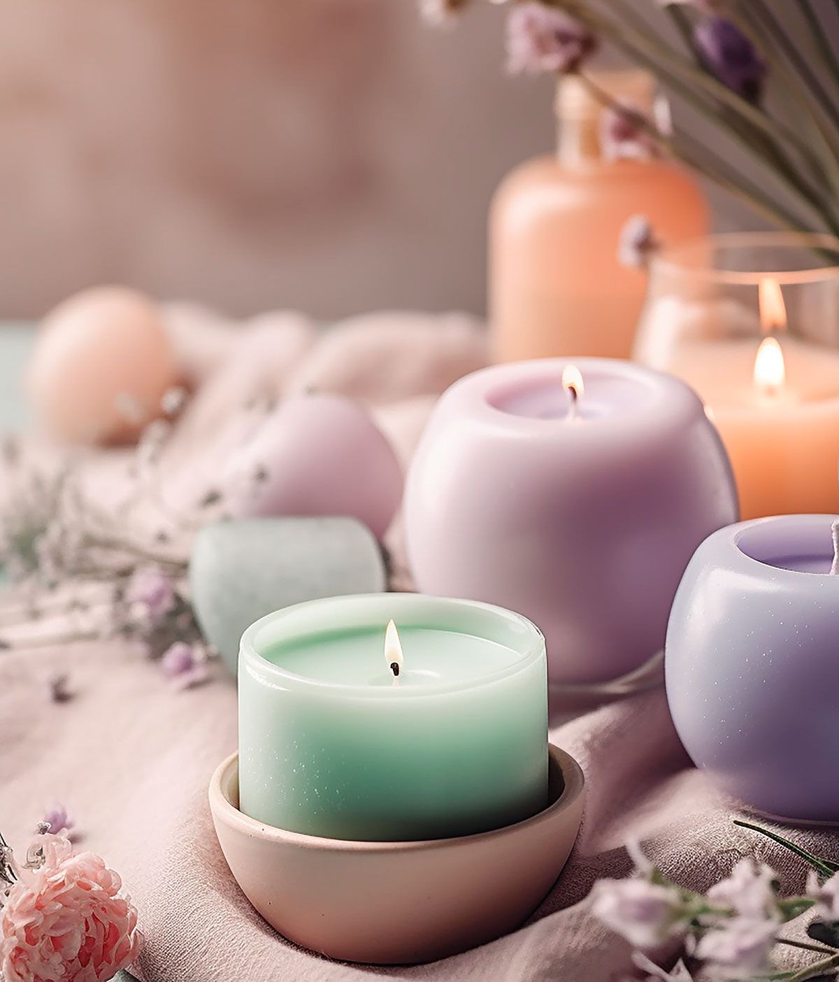 Un grupo de velas están sobre una mesa al lado de flores.