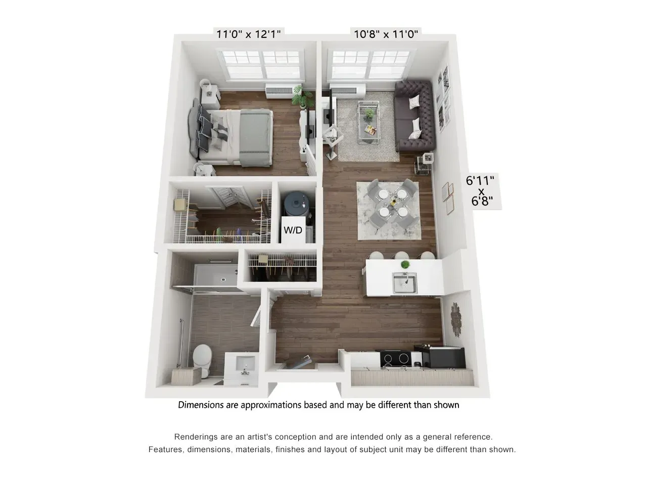 A 3d floor plan of a small apartment with a living room , dining room , and kitchen.